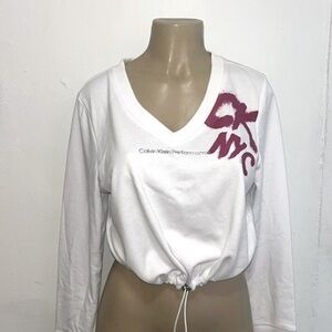 CALVIN KLEIN Fuchsia Lettering V Neck White Sweatshirt Sz M